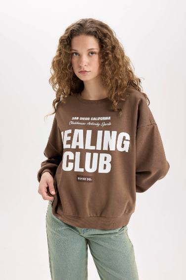 Loose Fit Bisiklet Yaka Baskılı Kalın Sweatshirt