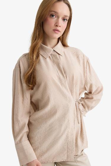 Regular Fit Shirt Collar Crinkle Fabric Long Sleeve Shirt