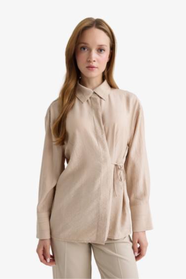 Regular Fit Shirt Collar Crinkle Fabric Long Sleeve Shirt