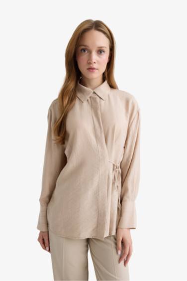 Regular Fit Shirt Collar Crinkle Fabric Long Sleeve Shirt