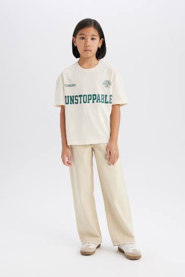 تيشيرت بنات نص كم مطبوع قصة مريحة برقبة مستديرة