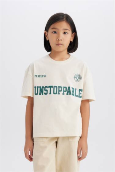 تيشيرت بنات نص كم مطبوع قصة مريحة برقبة مستديرة