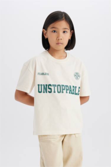 تيشيرت بنات نص كم مطبوع قصة مريحة برقبة مستديرة