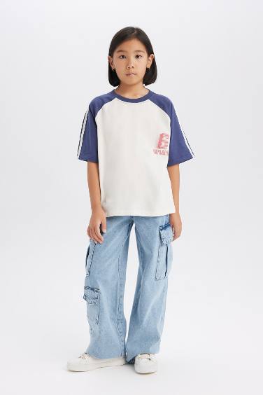 تيشيرت بناتي نص كم اوفر سايز برقبة مستديرة