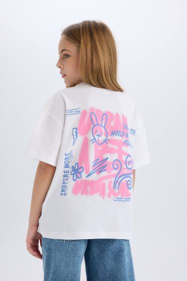 Girl Oversize Fit Crew Neck Back Printed T-Shirt