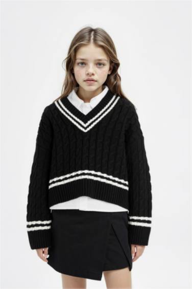 Kız Çocuk V Yaka Saç Örgülü Triko Kazak