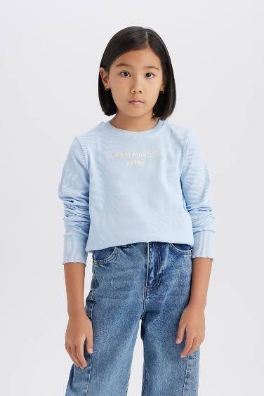 تيشيرت بنات سليم كم طويل مطبوع برقبة مستديرة