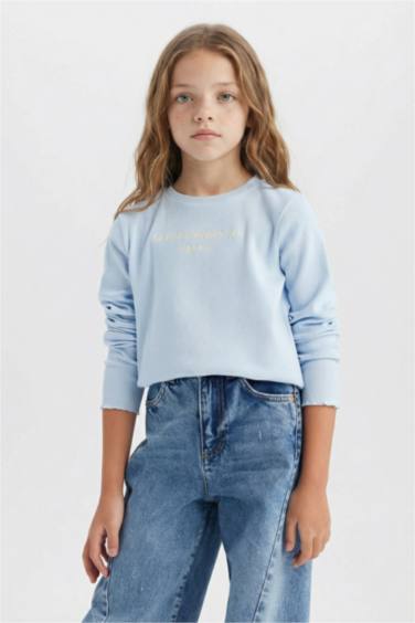 Slim Fit Dar Kesim Bisiklet Yaka Baskılı Fitilli Kaşkorse Uzun Kollu Okul Tişörtü Kız Çocuk