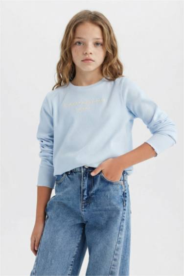 Slim Fit Dar Kesim Bisiklet Yaka Baskılı Fitilli Kaşkorse Uzun Kollu Okul Tişörtü Kız Çocuk