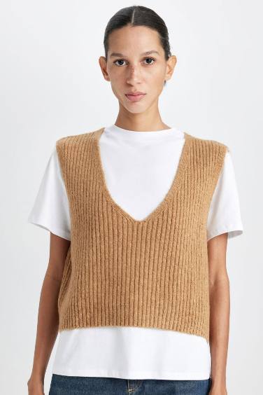 Regular Fit V Neck Basic Ribbed Knitted Pullover