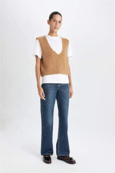 Regular Fit V Neck Basic Ribbed Knitted Pullover