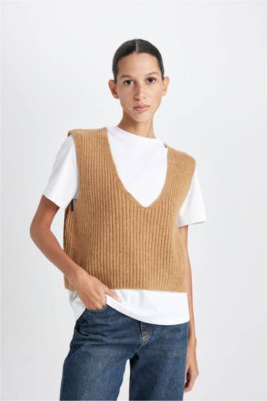 Regular Fit V Neck Basic Ribbed Knitted Pullover