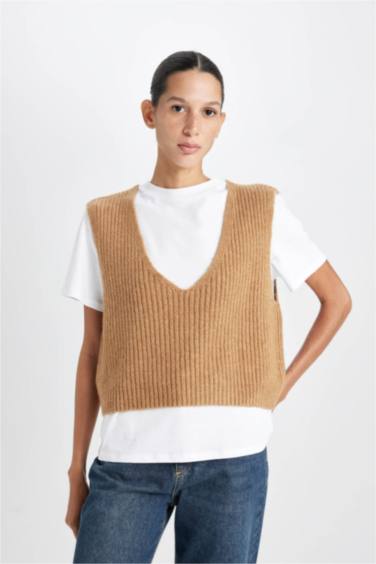 Regular Fit V Neck Basic Ribbed Knitted Pullover