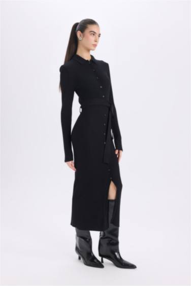 Fitted Vücudu Saran Gömlek Yaka Basic Düz Uzun Kollu Midi Triko Elbise
