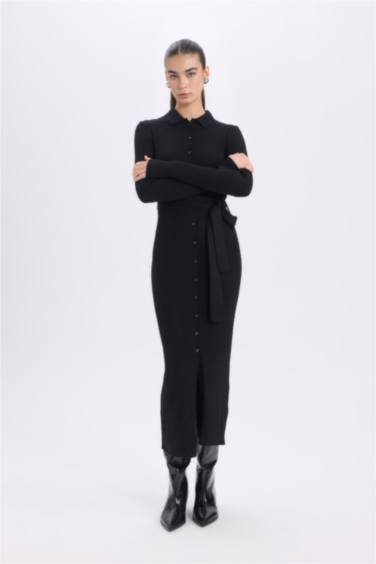 Fitted Vücudu Saran Gömlek Yaka Basic Düz Uzun Kollu Midi Triko Elbise