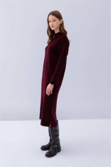 Relax Fit Yarım Balıkçı Yaka Midi Triko Bordo Elbise