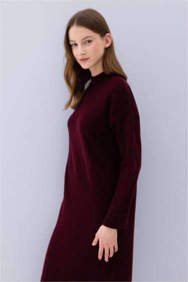 Relax Fit Yarım Balıkçı Yaka Midi Triko Bordo Elbise