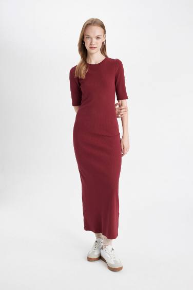 	Bodycon Vücuda Oturan Bisiklet Yaka Basic Düz Fitilli Kaşkorse Kısa Kollu Maxi Bordo Elbise