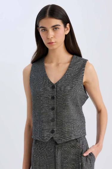 V Neck Checkered Button Closure Blazer Vest