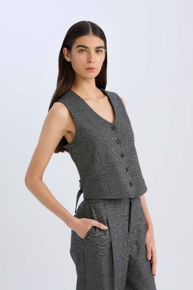 V Neck Checkered Button Closure Blazer Vest