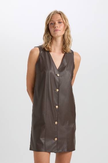 A Cut V Neck Basic Faux Leather Sleeveless Mini Dress