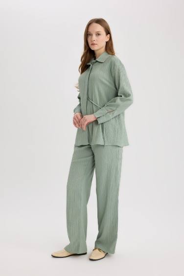 Straight Fit Cep Detaylı Standart Paça Krinkıl Kumaş Pantolon