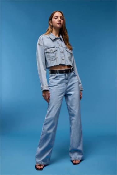 Crop Düğmeli Denim Ceket