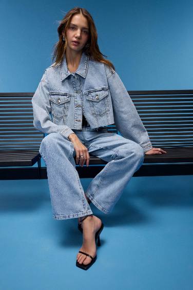 Crop Düğmeli Denim Ceket