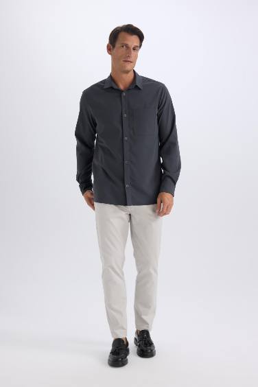 Regular Fit Polo Yaka Basic Düz Gofre Uzun Kollu Gömlek