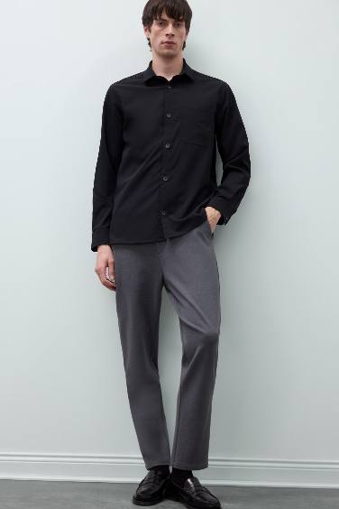 Regular Fit Polo Yaka Basic Düz Gofre Uzun Kollu Siyah Gömlek