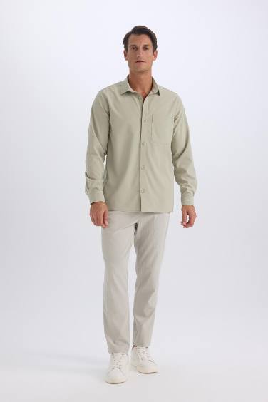 Regular Fit Polo Yaka Basic Düz Gofre Uzun Kollu Gömlek