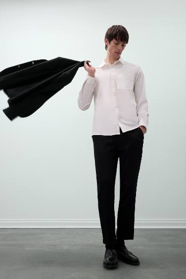 Regular Fit Polo Yaka Basic Düz Gofre Uzun Kollu Beyaz Gömlek