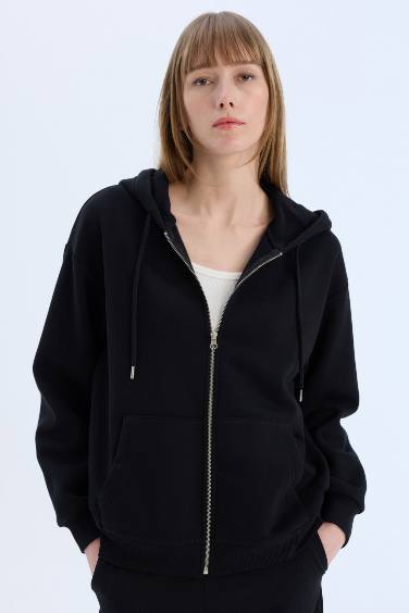 Relax Fit Hooded Thick Sweatshirt Fabric Cardigan