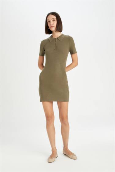 Fitted Body Fitting Polo Neck Basic Short Sleeve Mini Dress