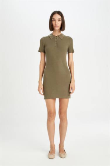 Fitted Body Fitting Polo Neck Basic Short Sleeve Mini Dress