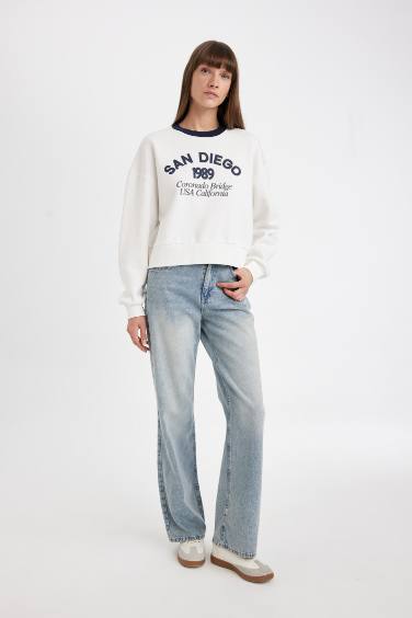 Boxy Fit Bisiklet Yaka Baskılı Kalın Sweatshirt