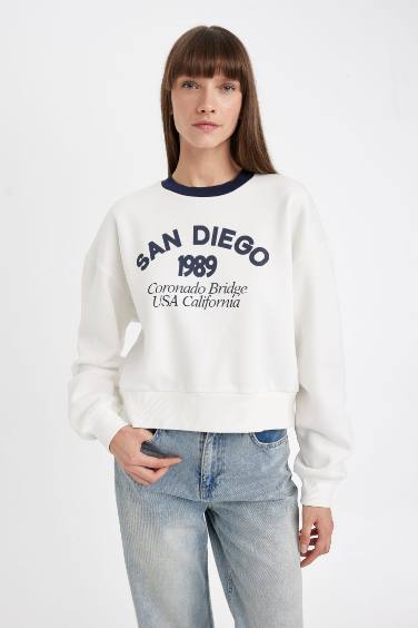 Boxy Fit Bisiklet Yaka Baskılı Kalın Sweatshirt