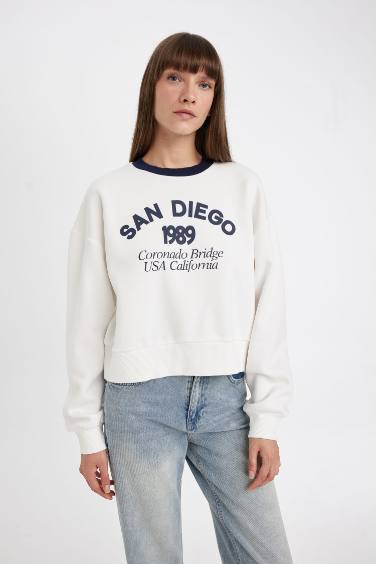 Boxy Fit Bisiklet Yaka Baskılı Kalın Sweatshirt