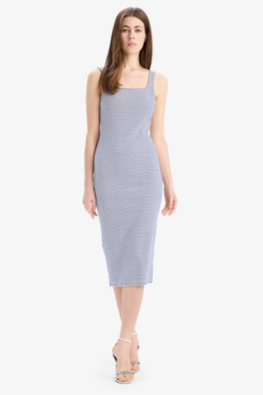 Обтягивающее платье с квадратным вырезом и полосками, без рукавов, из ребристой ткани, миди длина