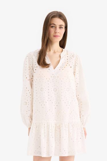 Fall in Love Embroidered Long Sleeve Mini Beach Dress