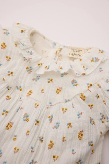 Girl Baby Muslin Floral Patterned Ruffle Collar Shirt