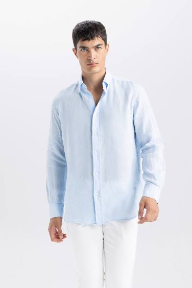 Regular Fit Polo Neck Long Sleeve Linen Shirt