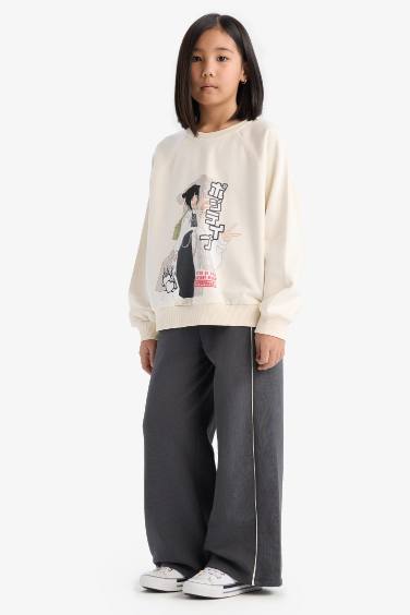 Kız Çocuk Relax Fit Bisiklet Yaka Anime Baskılı Sweatshirt