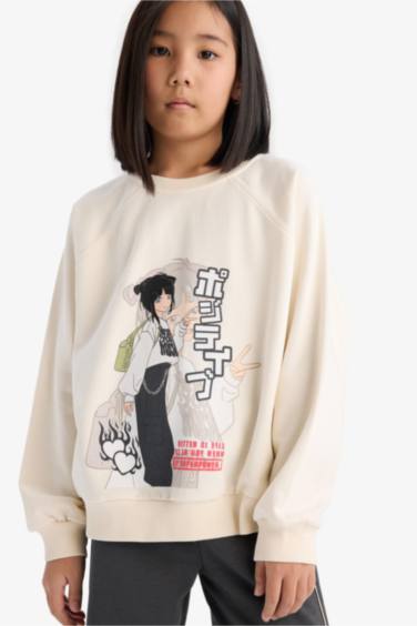 Kız Çocuk Relax Fit Bisiklet Yaka Anime Baskılı Sweatshirt