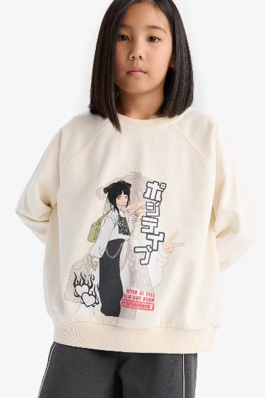 Kız Çocuk Relax Fit Bisiklet Yaka Anime Baskılı Sweatshirt