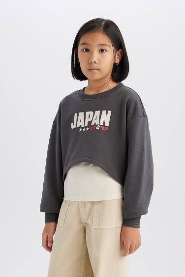 سويت شيرت بناتي قصير مطبوع برقبة مستديرة و ديباردور