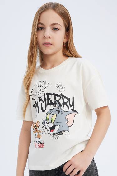 T-shirt imprimé Tom & Jerry à col rond et manches courtes pour fille