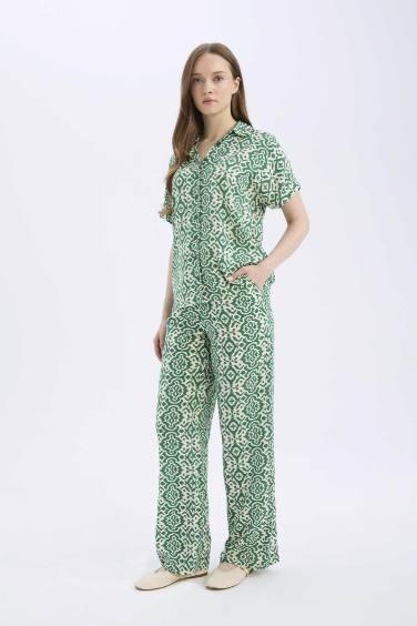 Regular Fit Desenli Beli Lastikli Düz Paça Pantolon