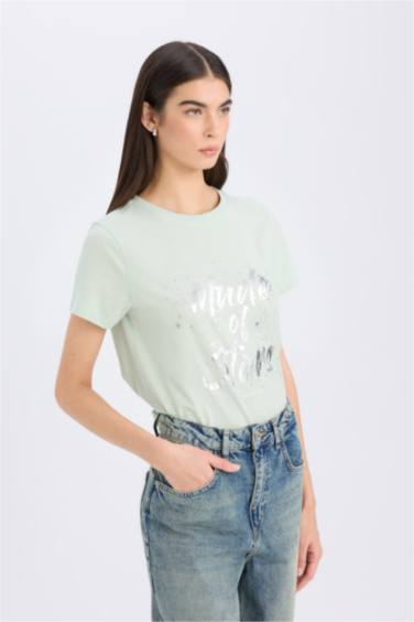 Regular Fit Crew Neck Slogan Short Sleeve T-Shirt