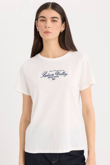 Regular Fit Crew Neck Slogan Printed Cotton T-Shirt